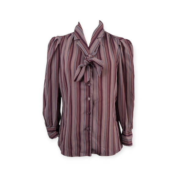 Vintage Jonathon Martin Blouse 9/10 Mauve Stripe Button Down Neck Bowtie - Picture 1 of 9